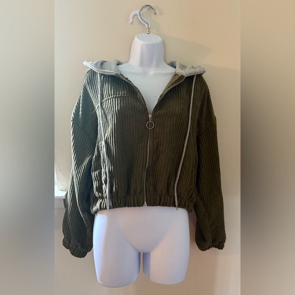Olive Green Corduroy Hooded Jacket